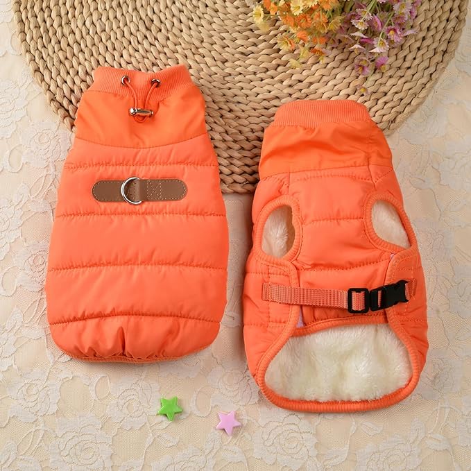Dog Winter Coat with Neck Guard, Adjustable Neck, Chest Velcro & Detachable Buckle, Warm Polyester Lining, Multi-Way Wear for Small Dogs (Orange, X-Large)