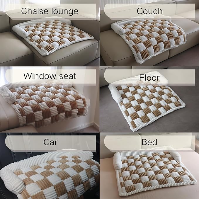 Couch Covers for Dogs and Cats, Fuzzy Dog Sofa bed with Cream Square Plaid, Plush Pet Couch Cover Bed, Thickened Quilted Furniture Protector Mat for Large Medium Pets (Dark Brown 35.43"*35.43")