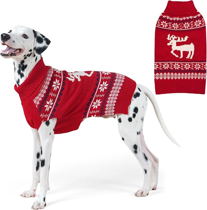 KYEESE Dog Christmas Sweater, Soft and Stretchy Turtleneck Dog Sweater for Medium Dogs Boy Girl with Reindeer Pattern, Soft Knit Winter Outfit with Leash Hole, Warm Pet Clothes, XX-Large