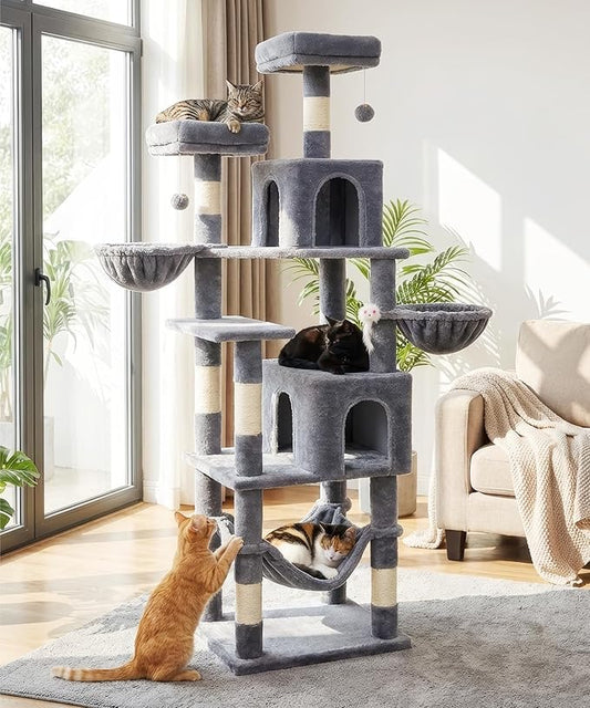 AMHANCIBLE Tall Cat Tree, 70 Inch Cat Tower for Indoor Cats, Multi-Level Cat Tree with Scratching Post, Hammock, Hanging Basket, Large Cat Condos for Adult Cats Kittens, Grey, PT18GY
