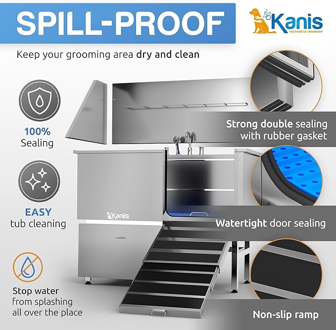 KANIS - 49" Professional Electric Dog Grooming Table, Black + 50" Professional Stainless Steel Dog Bathing Station, Right RAMP