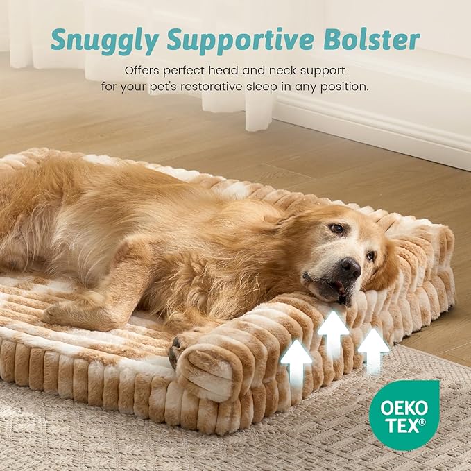 Cute Dog Bed for Large Dogs, Faux Fur Orthopedic Foam Dog Bed with Sides, Removable Washable Cover & Waterproof Lining, Comfortable Pet Couch, Tie-Dye Brown (44" L x 32" W x 7" Th)