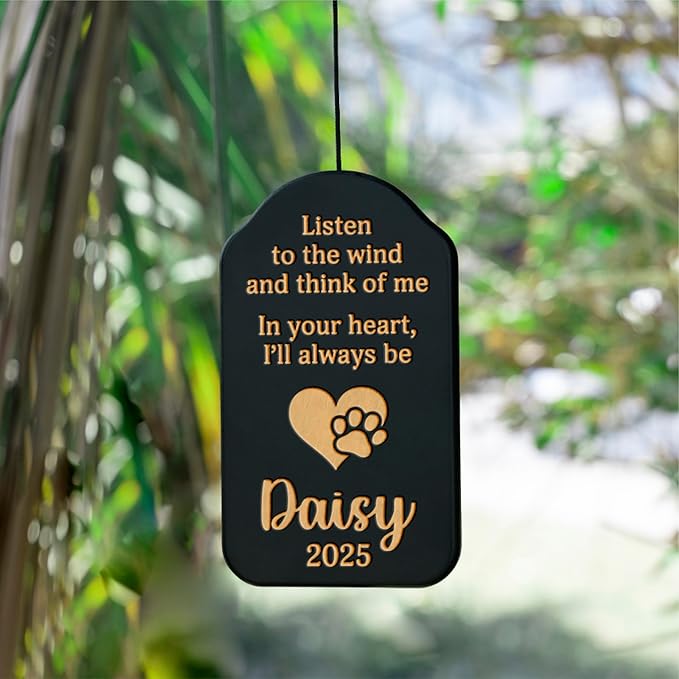 Personalized Dog Memorial Gifts for Loss of Dog Wind Chime w/Name & Date, Listen to The Wind and Think of Me - Sympathy Gifts - 37" Custom Engraved Pet Memorial Wind Chime Gift- Black Color, D2