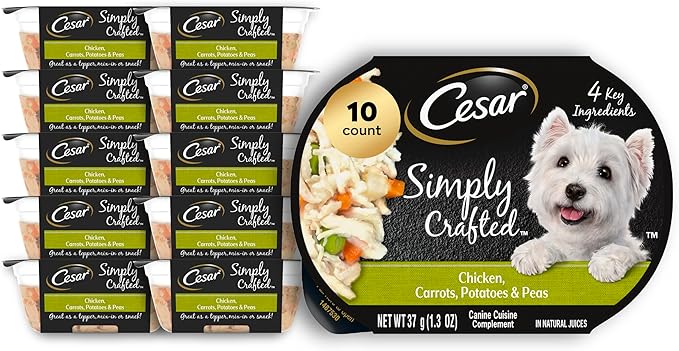 Cesar Simply Crafted Adult Soft Wet Dog Food Meal Topper, Chicken, Carrots, Potatoes & Peas, 1.3 oz. Tubs, 10 Count (Pack of 1)