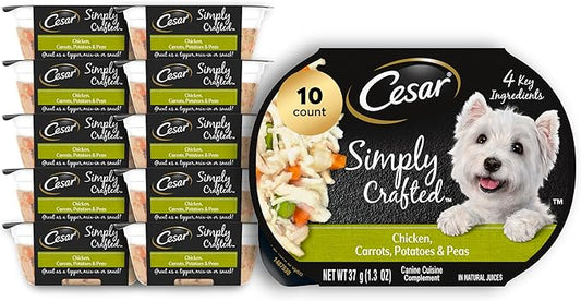 Cesar Simply Crafted Adult Soft Wet Dog Food Meal Topper, Chicken, Carrots, Potatoes & Peas, 1.3 oz. Tubs, 10 Count (Pack of 1)