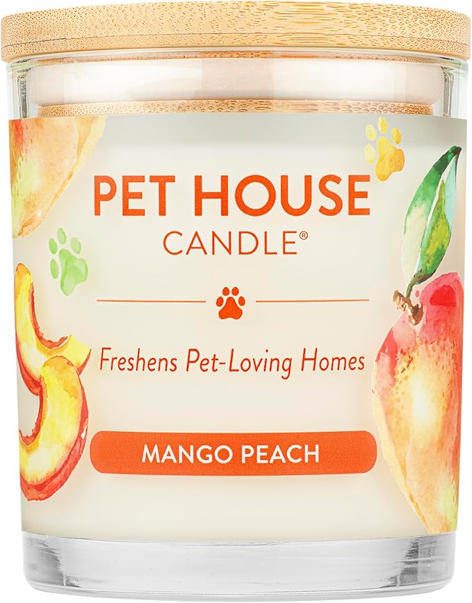 One Fur All Pet House Candle Plant-Based/Soy - Clean Burning Scented, Long Lasting Pet Odor Candle for Home - Mango Peach