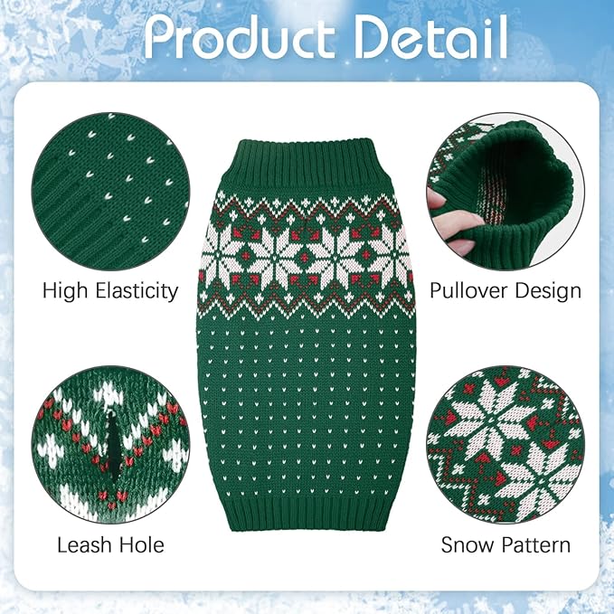 Kuoser Dog Christmas Sweater, Soft Warm Xmas Sweaters for Small Medium Large Dogs Boy Girl, Comfortable Dog Sweater with Leash Hole Snowflake Puppy Knit Outfit for Holiday Winter Fall, Green 2XL