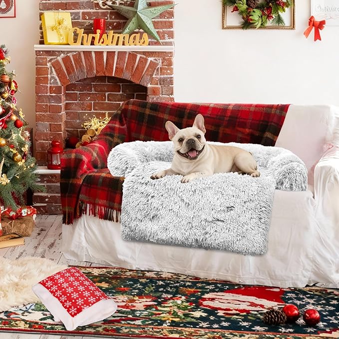 GGIB Calming Dog Bed Christmas Throw Blanket Fluffy Plush Dog Mat for Furniture Protector Decoration Holiday Throw Sofa Couch Cover for Large Medium Small Dogs Cats (Medium, Light Grey)