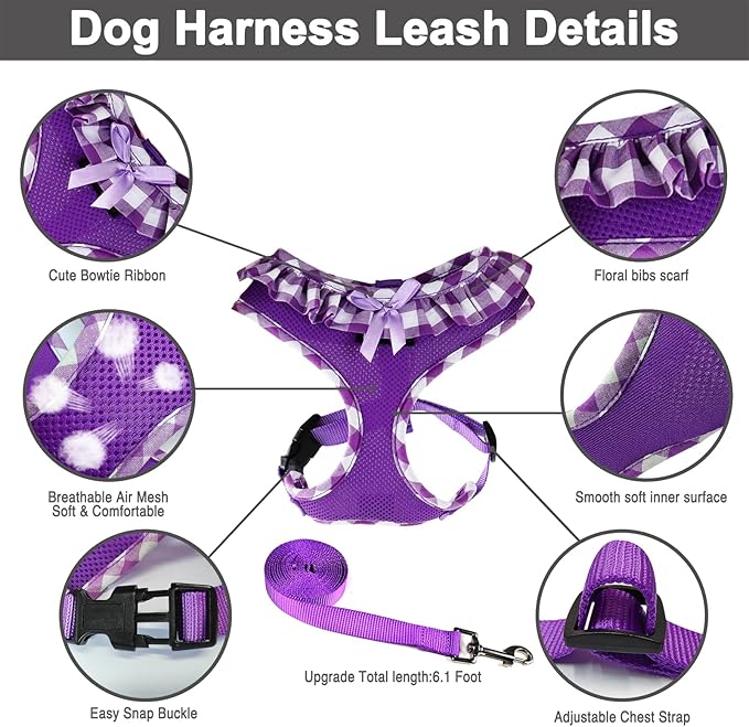 SuperBuddy Upgraded Soft Mesh Dog Harness, Super Breathable Lightweight Pet Harnesses for Puppy Dogs Outdoor Walking, Purple Dog Harness and Dog Leash Set Packing -Small
