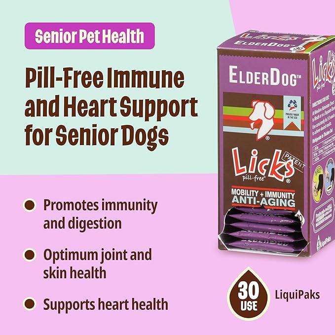Licks Pill Free ElderDog - Older Dog Vitamins and Supplements - Joint & Immune Support Supplements for Dogs - Dog Coat & Digestion Supplement for Senior Dogs - Gel Packets - Roasted Chicken, 30 Use