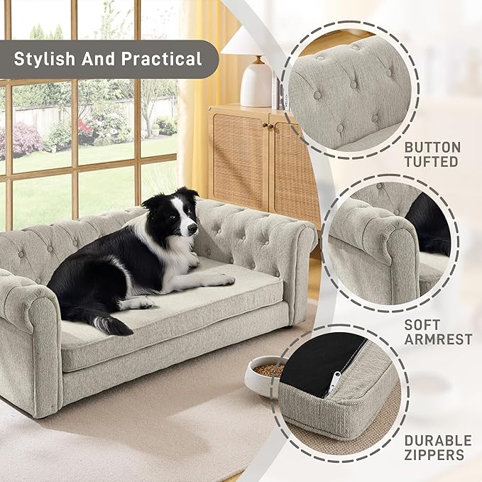 Dog Sofa Couch for Medium to Large Dogs, 55" Memory Foam Pet Sofa Couch with Washable Fabric, Durable Elevated Dog Bed with Legs, Removable Cushion for Medium and Large Dogs, Beige
