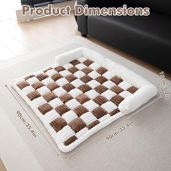 LiveGo Fuzzy Pet Couch Covers for Sofa, Dog Couch Cover Fuzzy Sofa Cover Cream Square Plaid Dog Bed Plush Dog Mat for Furniture Protector for Large Medium Dogs and Cats (Dark Brown, 35.4"*35.4")