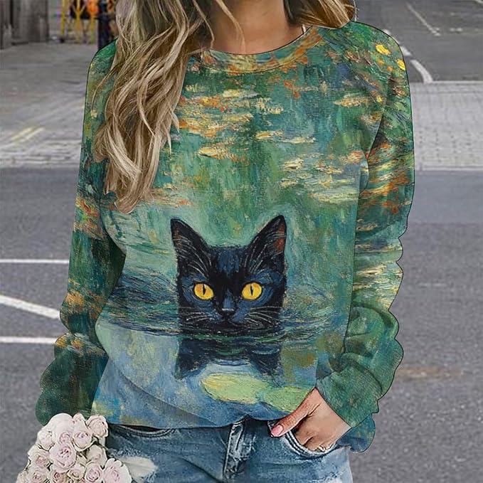 Womens novelty funny cat printed crewneck sweatshirt casual loose long sleeve graphic pullover sweatshirts tops