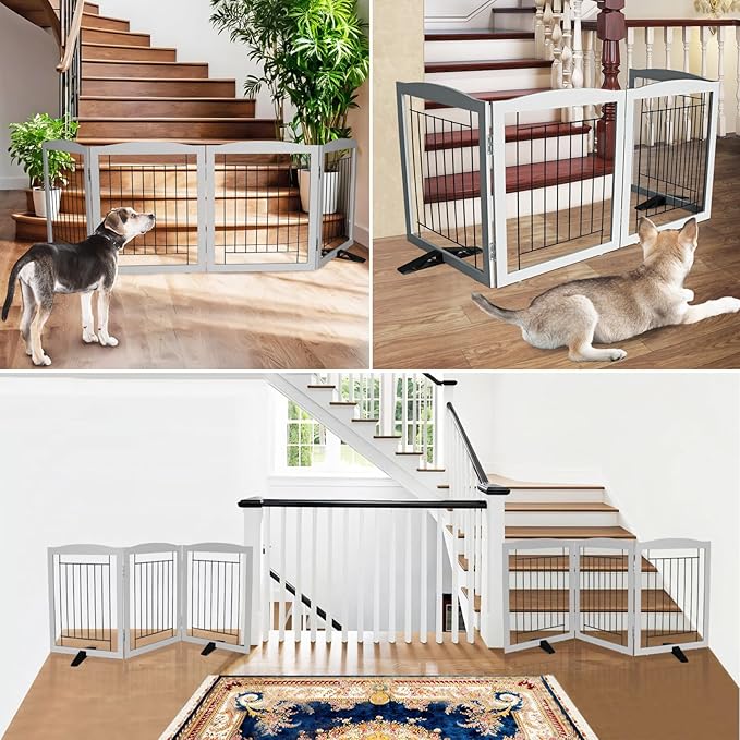 ZJSF Freestanding Dog Fence Indoor, Foldable Dog Gate for Doorways, Stairs or Hallways, Sturdy Wood Extra Wide Pet Gate with Support Feet for The House, Grey, 32 "Height-4 Panels