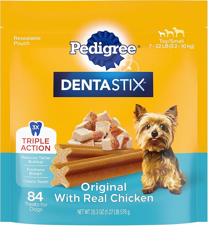 Pedigree Dentastix Small and Toy Breed Dog Treats, Original with Real Chicken, 20.3 oz. Bag (84 Treats)