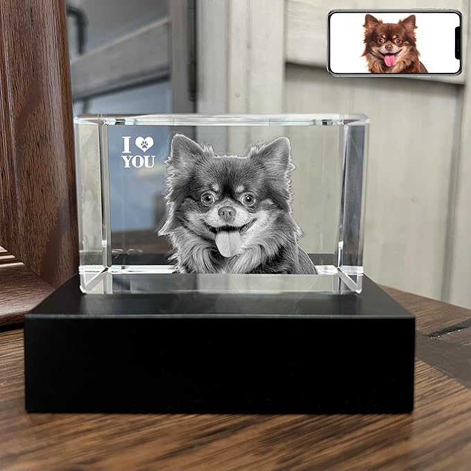 3D Crystal Photo, Personalized Dog, Cat Memorial Gifts for Pet Owners. Gift Box Included, Customized Laser Etched Crystal Photo (Small Landscape)