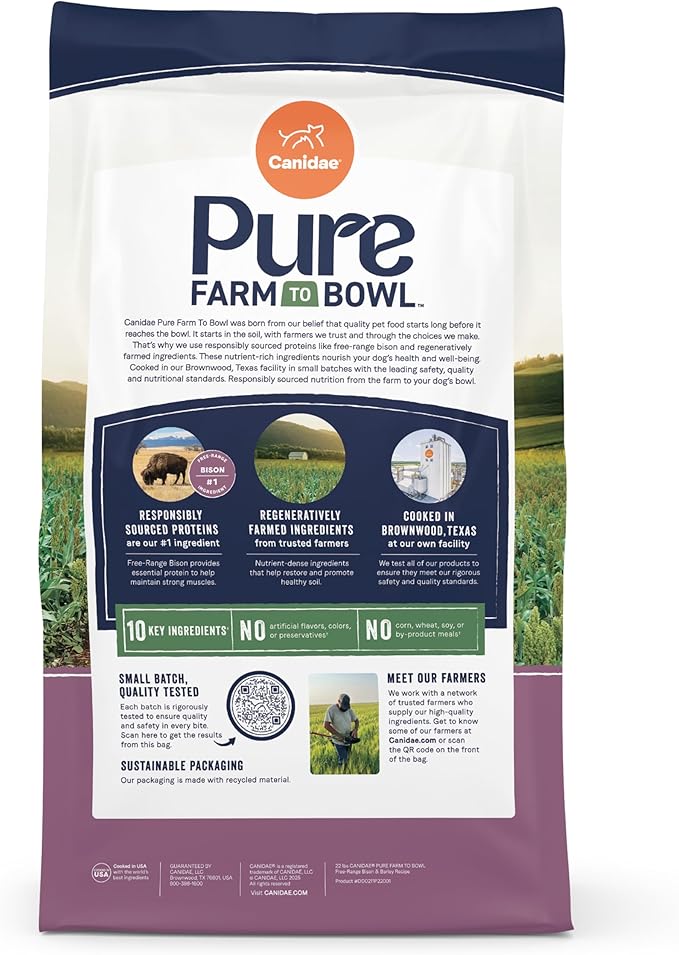 CANIDAE Pure Farm to Bowl Free-Range Bison & Barley Dog Food, Adult, 4lb