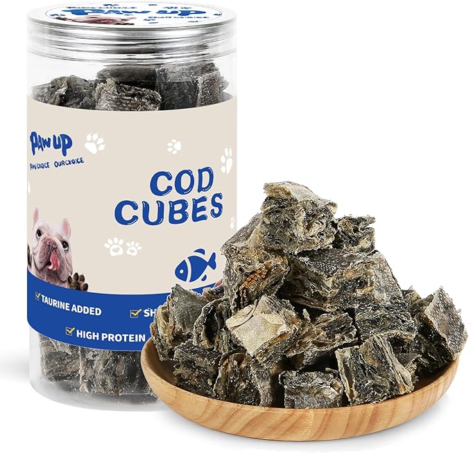 PAWUP Cod Skin Cubes Dog Treat, Chew Fish Skins Rolls w/Taurine, One-Ingredient Grain Free Healthy Dog Treat, Rich in Omega3, 8 oz
