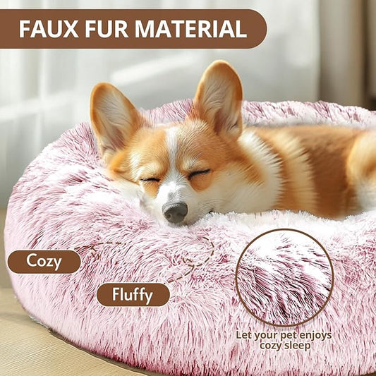 JOLLYVOGUE Small Dog & Cat Beds for Indoor Cats, Donut Cuddler Warming Soft Dog Beds with Anti-Slip Bottom, Round Calming Fluffy Plush Faux Fur Cushion Bed for Large Dogs (36", Smoke Pink)