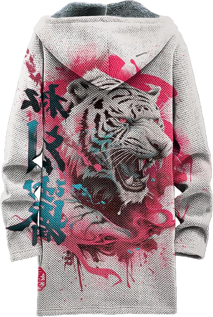 MARSVOVO Cool Hippie Long Cardigan Hoodies for Men Zipper Fleece Lined Knit Coat Skull Animal Print Graphic Jackets