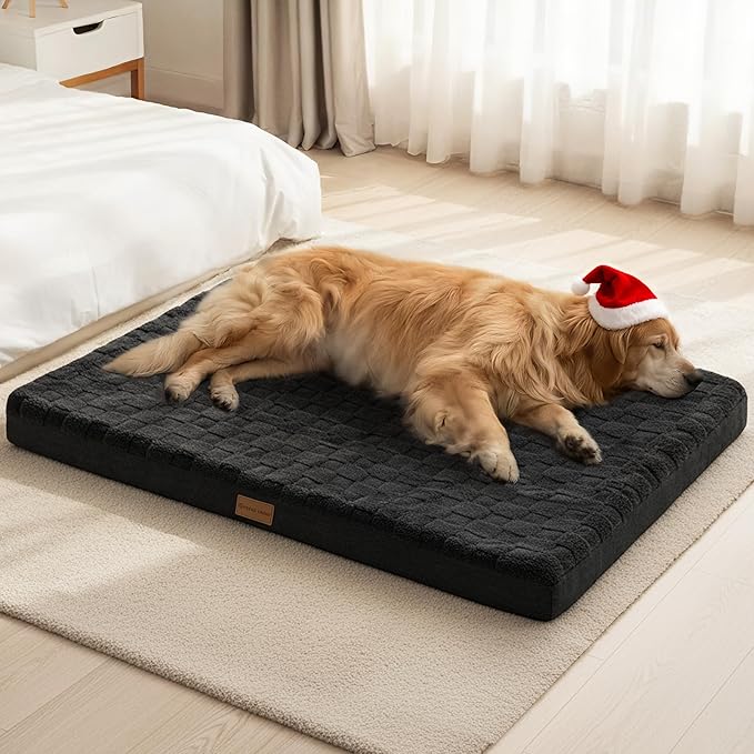 Patas Lague Orthopedic XL Dog Bed Large Sized Dog 42''X28'', Waterproof Soft Comfortable Egg Crate Foam Large Pet Beds Crate Mat with Removable Washable Cover and Nonskid Bottom, Black