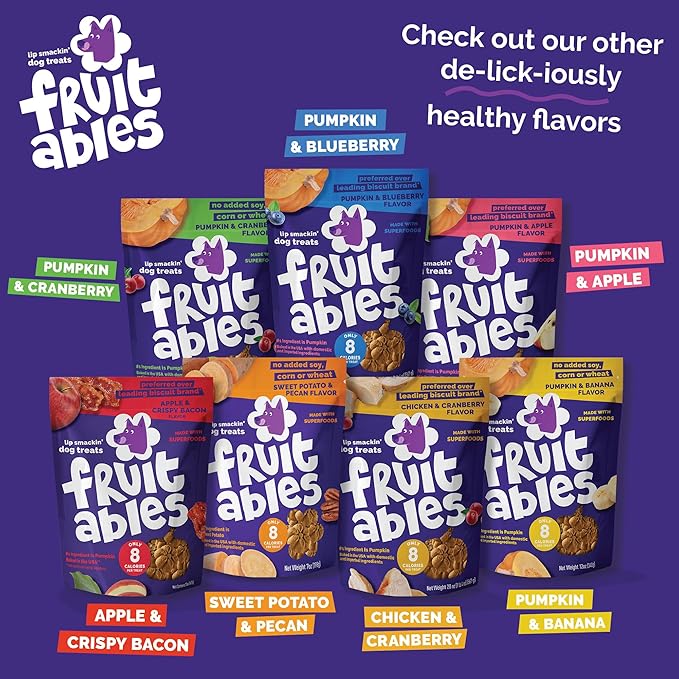 Fruitables Baked Dog Treats, Healthy Pumpkin Treat for Dogs, Low Calorie & Delicious, Free of Wheat, Corn and Soy, Made in the USA, Apple and Crispy Bacon Flavor, 7oz