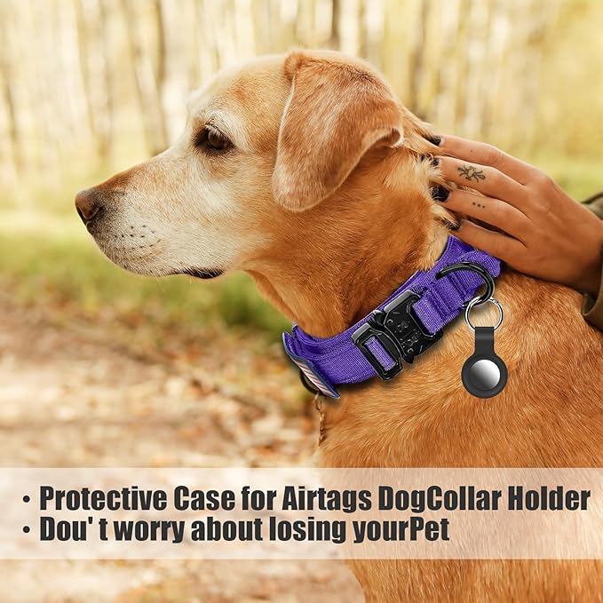 Tactical Dog Collar and Bungee Leash Set, Adjustable Military Training Nylon Dog Collar with Controll Handle and Heavy Metal Buckle，with USA American Flag, Patches and Airtags Case (Purple, XL)