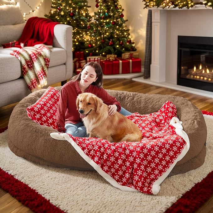 Human Dog Bed: 71''x45''x12'' Size, Washable Faux Fur, Orthopedic - Brown