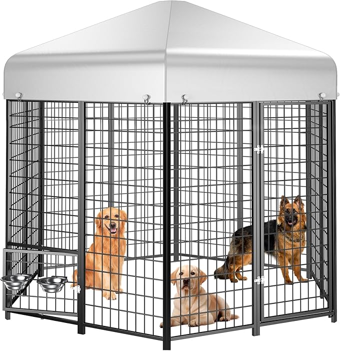 Sino Luban Outdoor Dog Kennel Outside Run with Doggy Door, Swivel Feeder&Roof - 7x7x6.4FT Large Dog Kennels Pens Outside for Large/Multiple Dogs - Heavy Duty Cage(Can Connect to Your Dog House)