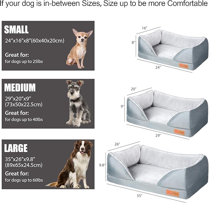Fida Orthopedic Dog Bed with Memory Foam Base - Dog Lounge Sofa with Removable Washable Cover, Pets Couch Beds for Small Dogs & Cats (Medium, Grey)