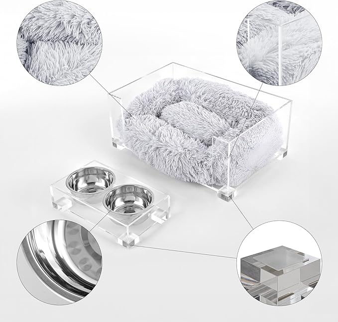 DBD2001A-2SET Billie 24" x 15.75" Small Modern Calming Fluffy Pet Bed with Washable Cushion and 4" Elevated Pet Feeder with 27 oz 2-Stainless Steel Bowls, Light Gray/Clear (Set of 2)