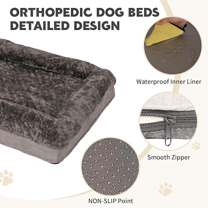 Dog Bed Waterproof Medium/Large Sized XL Foam Pet Beds Removable Washable Cover Dog Sofa Egg Crate Foam Support with Zipper Bottom Bolster Deluxe Plush Mat (Grey+38.2x30.3x7.5in)
