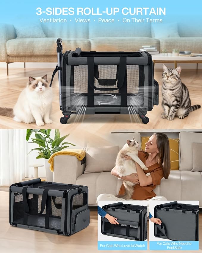 MILADA Extra Large Cat Carrier with Wheels for Big Cats & Small Dogs Soft Sided Rolling Pet Carrier Detachable XL Cat Stroller for Travel, Hiking, Vet & Hospital Use, Grey