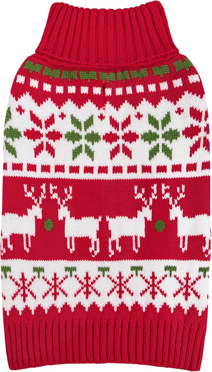 KYEESE Dog Christmas Sweater, Warm Turtleneck Dog Sweater for Small Dogs Boy Girl with Snowflake & Reindeer Pattern, Cozy Doggie Knitwear with Leash Hole, Soft Festvial Pet Clothes, X-Large