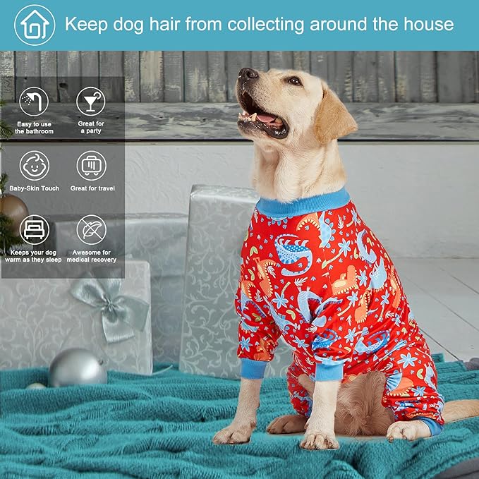 LovinPet Pitbull Dog Pajamas, Large Dog Onesies for Surgery Care, Lightweight Stretchy Knit Fabric, Dinosaur Jungle Red Print, Pet Clothes, UV Protection, Pet Anxiety Relief, PJ's for Dogs, XL