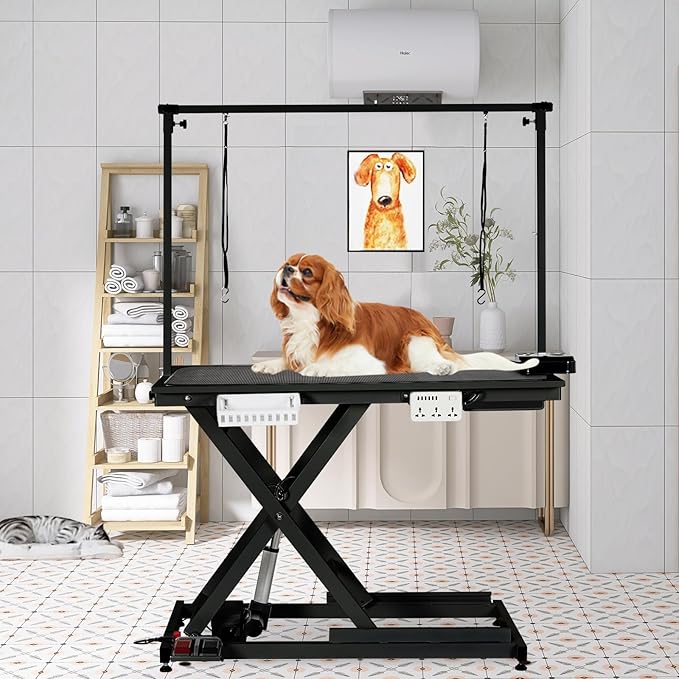 50" Large Dog Grooming Table, Heavy Duty Hydraulic Lift Dog Grooming Table with Aluminium Overhead Arm, Anti Slip Tabletop, 6 Usb Ports for Home and Salon, Maximum Capacity Up to 300Lb, Black