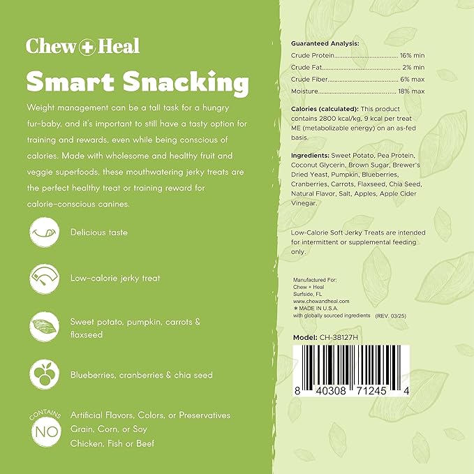 Chew + Heal Labs Low Calorie Dog Jerky Treats - 12 oz of Vegan Plant Based Natural Dog Treats with Chia Seeds, Fruits, and Vegetables - Good for Weight Management - Made in The USA