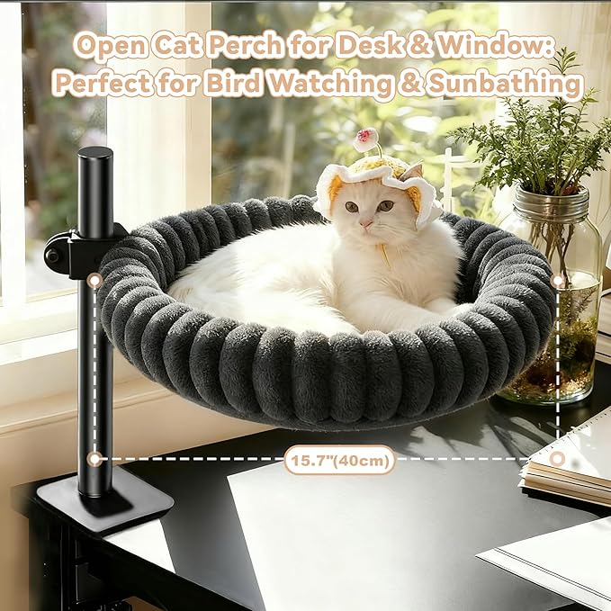 Dogpals 360° Rotating Cat Bed for Desk, Height Adjustable Cat Perch with Semi-Enclosed Design & Removable Cushion, No-Drill Clamp fits up to 1.18" Desk, Supports 9lbs for Office, Gaming Table