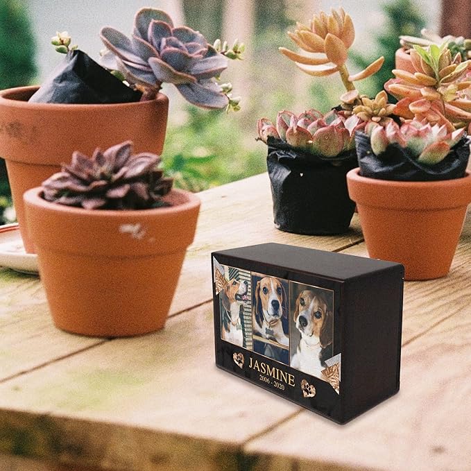 Custom Pet Keepsake Urns for Dogs, Wooden Box for Pet Ashes with Photo for Your Beloved Pets, Pet Cremation Urns as Sympathy Gifts for Pet Lovers - Small, 6" x 4" x 2.75" (Design 1)