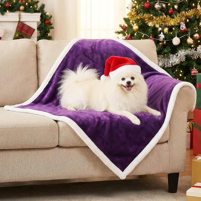 Waterproof Dog Blanket for Small Dog–Double Sided Washable Cat Puppy Blanket, Soft, Warm, Pet Throw Essentials, Purple White M(40×28)"