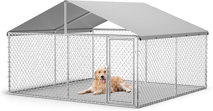 Outdoor Dog Kennel with Roof, Galvanized Dog Enclosure, with Waterproof & UV-Resistant Cover, Large Dog Kennel for Outside Backyard Farm Use, 10x10x6ft
