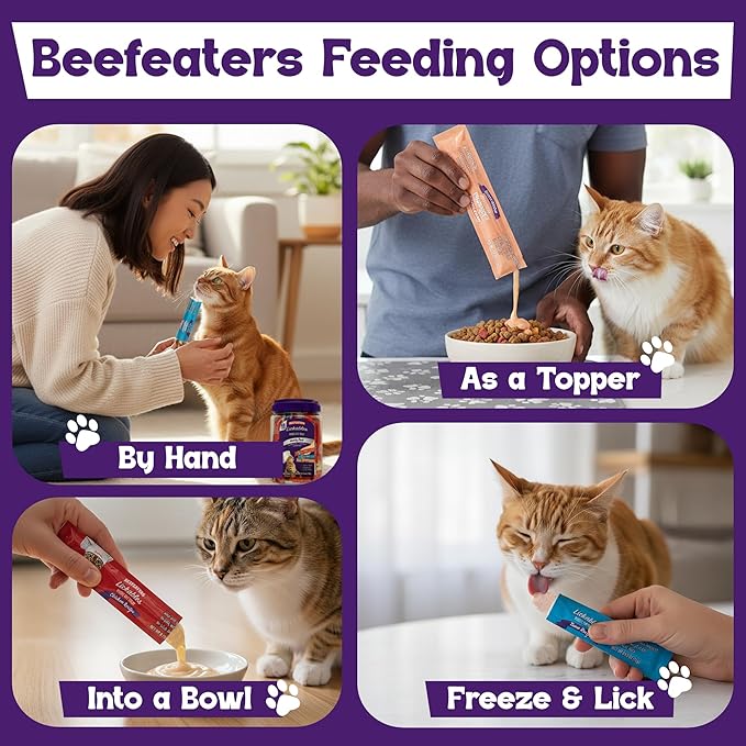 Beefeaters Cat Treats Variety Pack Lickable Puree 48ct – Salmon, Tuna & Chicken, Grain-Free, Taurine-Enriched, Ideal for Training & Interactive Feeding