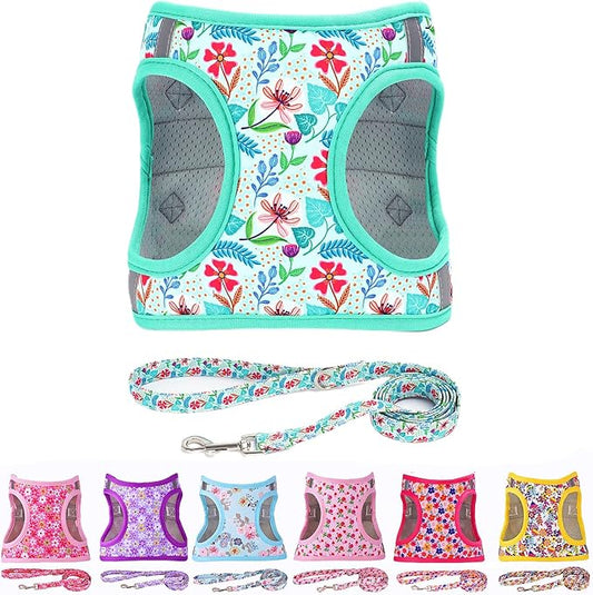 Moonpet Step in Dog Harness Leash Set- All Weather Reflective No-Pull Floral Pattern Padded Mesh Vest Harness for Cats Puppy Extra-Small Small Medium Large Dogs - Verdure Flower - XL