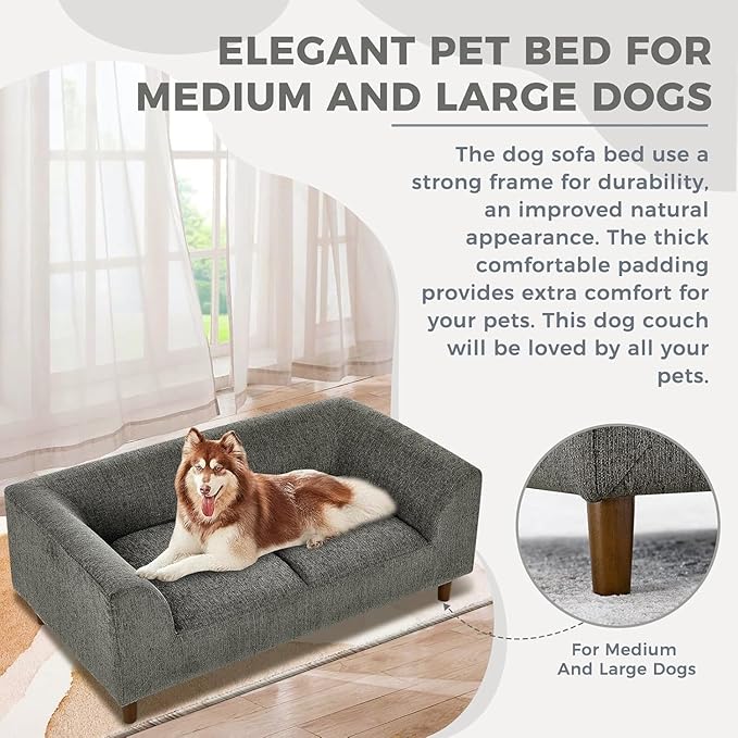 Dog Sofa Couch for Medium Dogs with Backrest and Armrest, Memory Foam Dog Sofa Bed, Modern Elevated Pet Couch Bed with Wooden Legs, Dark Grey