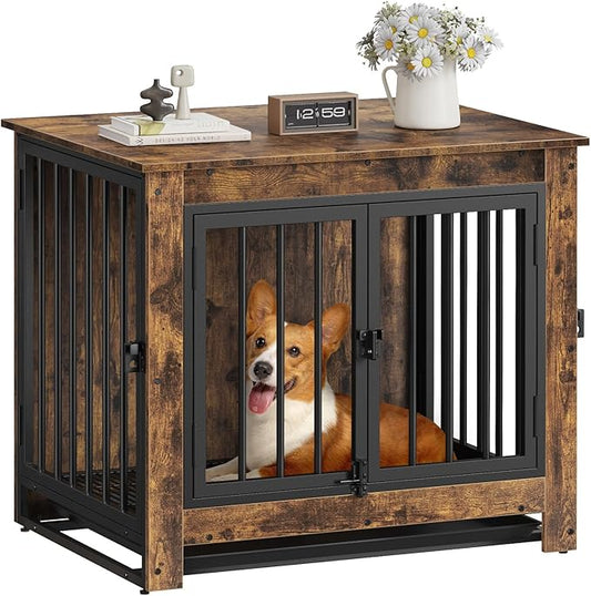 Dog Crate Furniture, 29 Inch Indoor Dog Kennel for Small Dogs Up to 30 LBS, Heavy Duty Wooden Pet Cage End Table with 3 Doors, Alloy Steel Frame & Removable Tray
