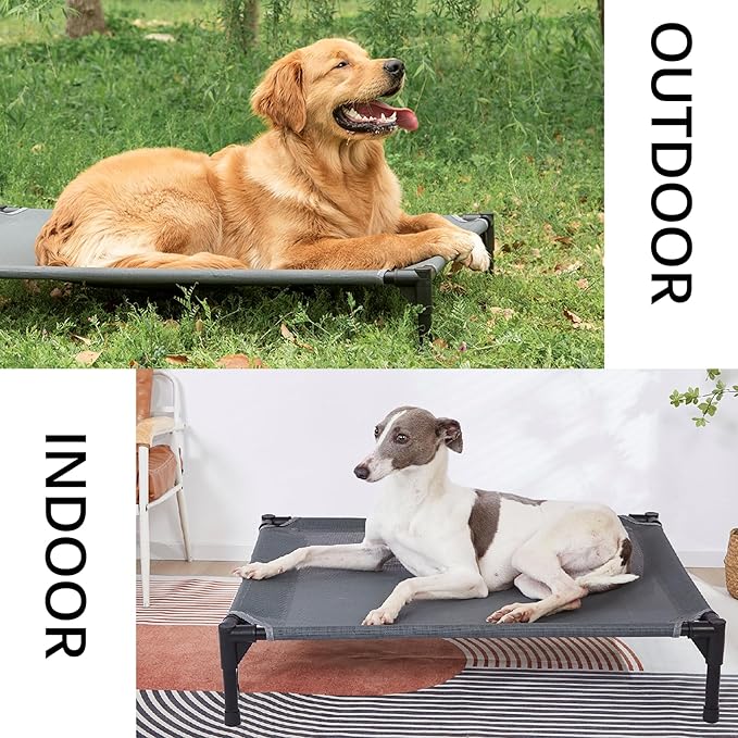pettycare Elevated Outdoor Dog Bed - Raised Cot for Large Dogs, Heavy Duty Pet Cots Waterproof, Cooling, Washable Breathable Teslin Mesh, Durable, Non Slip, 42 Inches, Grey