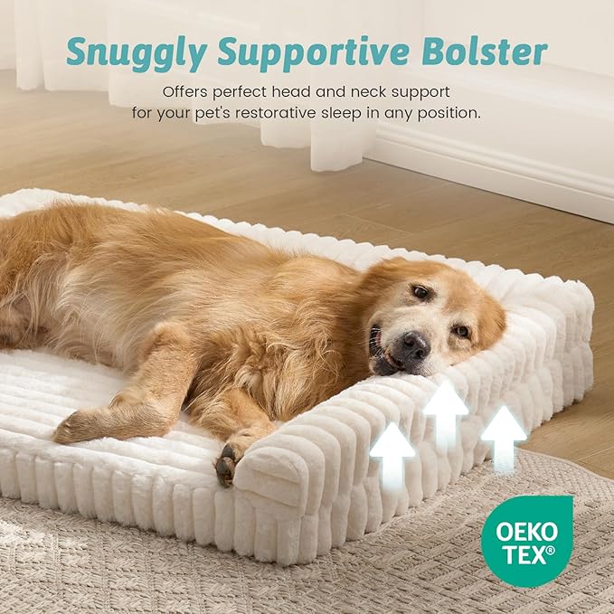 Cute Dog Bed for Extra Large Dogs, Faux Fur Orthopedic Foam Dog Bed with Sides, Removable Washable Cover & Waterproof Lining, Comfortable Pet Couch, Cream (48" L x 35" W x 7.5" Th)