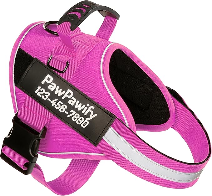 PawPawify Custom No Pull Dog Harness with Name and Phone Number, Heavy Duty Personalized Pet Vest to Prevent Tugging, Pulling, or Choking, Training and Walking (New Pink, S (Chest 16-21in))