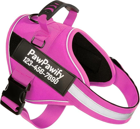 PawPawify Custom No Pull Dog Harness with Name and Phone Number, Heavy Duty Personalized Pet Vest to Prevent Tugging, Pulling, or Choking, Training and Walking (New Pink, XS (Chest 14-17in))