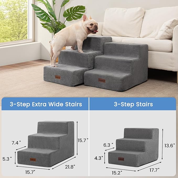 Dog Stairs for Small Dogs, 3-Step Non-Slip Pet Stairs for Couch Sofa and Chair, Dog Bed Stairs for Puppy, Older Cat,Grey,13.6" H